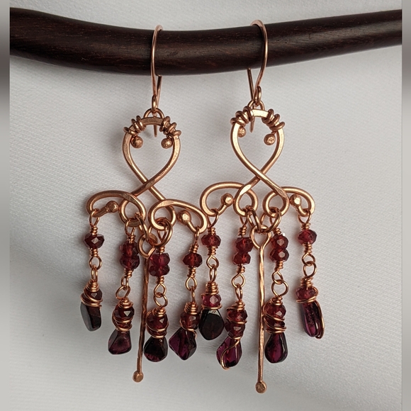 Handmade Garnet Chandelier Earrings Romantic Copper Jewelry - Picture 12 of 13